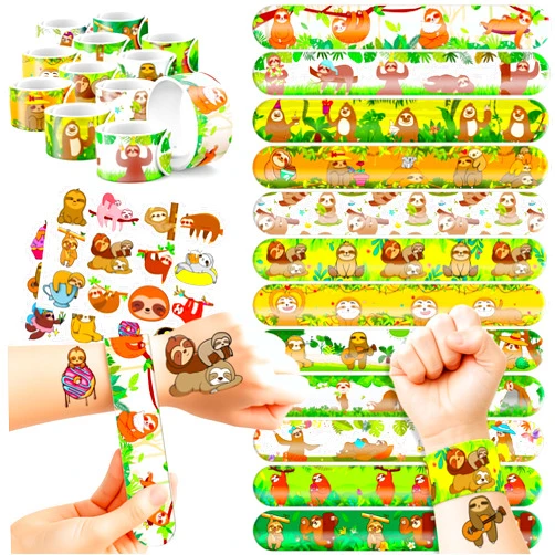 Cherisnowy 48 PCS Sloth Party Set: 24 PCS Temporary Tattoos & 24 PCS Slap Bracelets - Themed Gifts for Kids, Girls, Boys - Perfect for Birthday Parties, Baby Showers, Classroom Rewards, Party Decorations