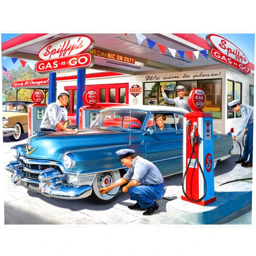 Bits and Pieces – 500 Piece Jigsaw Puzzle for Adults – 50s Service Station - Classic Cars Gas Station Jigsaw Puzzle by Larry Jones, Completed Puzzle Size: 18