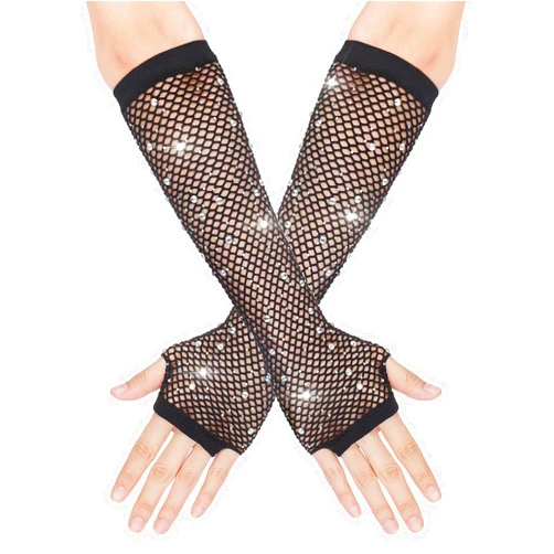 Yolev Long Rhinestone Fingerless Fishnet Gloves Steampunk Punk Fish Net Arm Sleeve 80s Costume Halloween for Women Girls