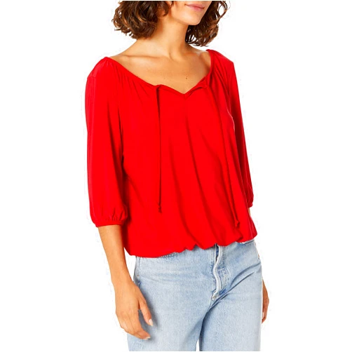 Star Vixen Women's Petite 3/4 Sleeve Peasant Elastic-Hem Keyhole-tie Top