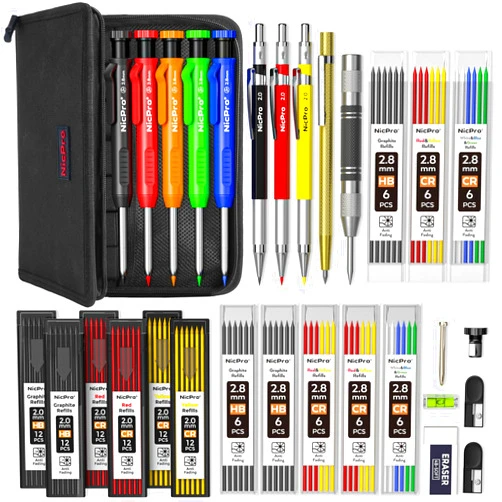 Nicpro 31 Pack Carpenter Pencil Set with Sharpener, Mechanical Carpenter Pencils with 128PCS Refills and Carbide Scribe Tool, Heavy Duty Construction Pencils for Architect Woodworking-With Canvas Case