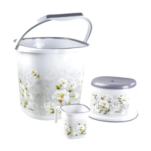 Nayasa Marble Bathroom Set, Set of 3 (18 Litre Bucket + 1500 ML Mug + Stool), of Plastic Bathroom Set, Ideal for Home & Office, Medium, Grey