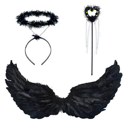 FLMRIOY Black Angel Wings with Halo and Fairy Wand for Kids Feather Wing Angel Costume for Cosplay Halloween