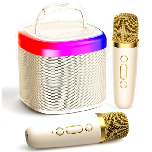 JYX Mini Karaoke Machine, Portable Bluetooth Karaoke Speaker Unpowered Cabinets with 2 Wireless Microphones and Party Lights for Kids and Adults, Birthday Gifts for Girls Boys Family Home Party(Beige)