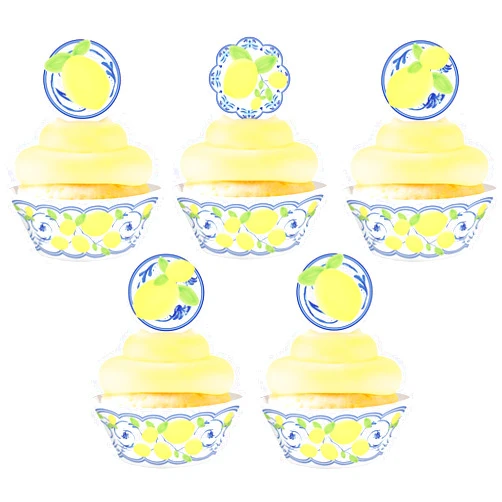 POP parties Ink Capri Lemon Cupcake Kit - 48 Pieces - 24 Cupcake Toppers and Wrappers - 40th 50th 60th Birthday Party - Blue Tile Party Decorations - Blue Tile Party Supplies - Italian Party Decorations - Cupcake