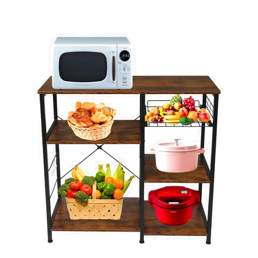 Susici Kitchen Microwave Stand Cart with 5 Hooks 3-Tier Industrial Kitchen Baker's Rack with Storage Microwave Ovens Stand Storage Cart with Steel Frame Coffee Bar Workstation Shelf for Kitchen Office
