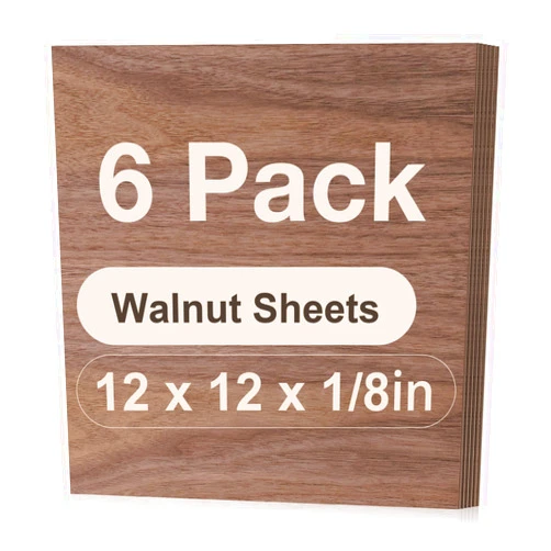 Rowood 6 Pack Walnut Plywood 1/8,12x12x1/8inch,3mm Thick Unfinished Wood for Laser Cutting and Engraving,DIY Ornaments,Wood Burning,Models Drawing