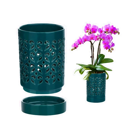 mwellewm Orchid Pot with Holes Ceramic Plant Pots Indoor Outdoor Flower Pots for Repotting with Drainage and Saucer 4 Inch Breathable Slotted Orchids Planter (Green)