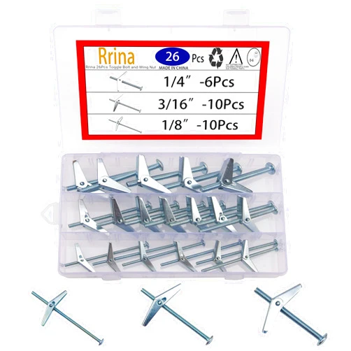 Rrina 26Pcs Toggle Bolt and Wing Nut Assortment Kit for Hanging Heavy Items on Drywall 1/8 Inch 3/16Inch 1/4Inch