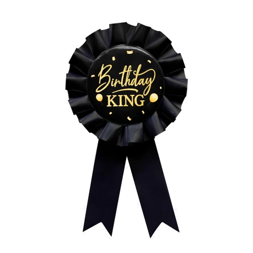 YHEZXUN Birthday King Tinplate Badge Pin Black Satin Fabric Happy Birthday Themed Button Pin Party Decorations Award Ribbon Badge Pin
