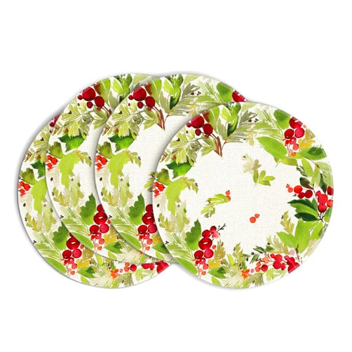 Artoid Mode Watercolor Holly Christmas Round Placemats Set of 4, 14 Inch Seasonal Winter Xmas Holiday Round Table Mats for Party Kitchen Dining Decoration