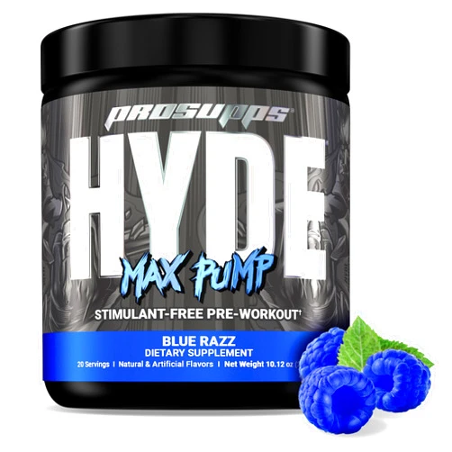 PROSUPPS Hyde Max Pump Pre Workout for Men and Women - Nitric Oxide Supplement for Pump and Endurance - Stimulant Free Pre Workout to Promote Blood Flow and Muscle Strength (Blue Razz, 20 Servings)