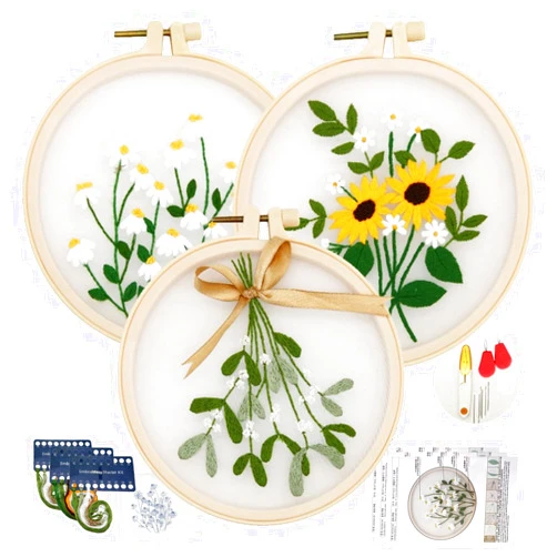 cobinaan 3 Sets Embroidery Starter Kit for Beginners, Embroidery Stitches Practice Kit with Cute Flowers and Plants Patterns with 1 Embroidery Hoop and Color Threads for Adults (Plant 3 Sets)