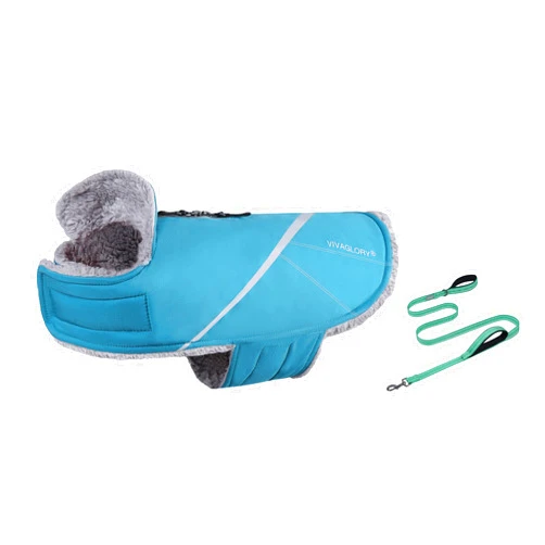VIVAGLORY Snowrap Dog Coat + Twingrip Dog Leash, Fluffy Warm Fleece Lined Reflective Water Resistant, Training & Walking with Traffic Handle & 2 Loop