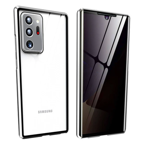FHZXHY Galaxy S21 Ultra Privacy Glass Case with Safety Locks Clear Double Sided 9H Tempered Glass Magnetic Metal Frame Protective Case Anti-Peep for Samsung Galaxy s21 Ultra 5g 6.8 inch 2021-Silver