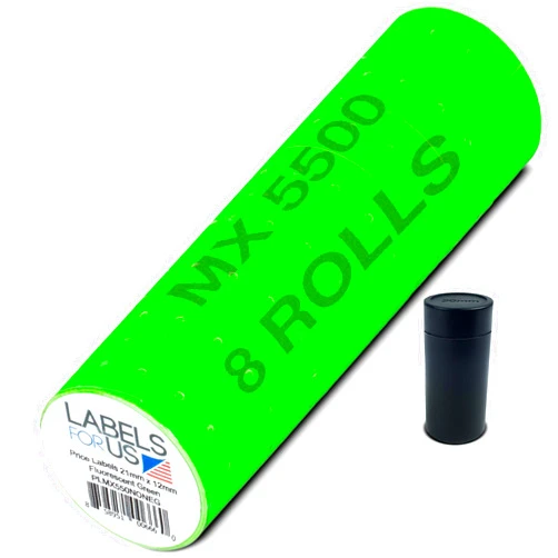 Labels for Us MX 5500 Labels - 8,000 Total - Green - Price Labels - Pack of 8 Rolls - Ink Roller Included