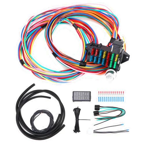 Parfyter 14 Circuit Wiring Harness Universal for Street Muscle Car Hot Rod Rat XL Copper Wire Harness 12V Fuse Wiring Harness Kit Compatible with Chevy Ford Chrysler Mopar Muscle Car