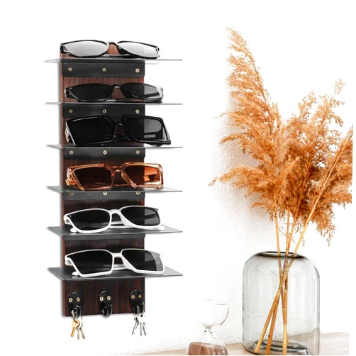 Tgzwme Wood Sunglasses Holder Display Stand, Wall Mounted Retail Eyewear Showcase Shelf Rack, Holds 6-Pairs