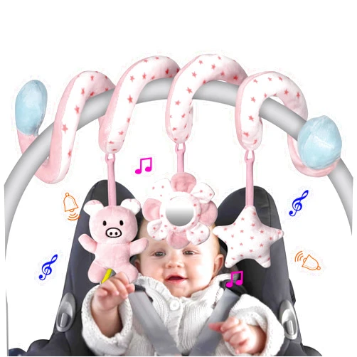 SAMMAS Car Seat Toys, Infant Baby Pink Pig Spiral Activity Hanging Toys Stroller Toys for Car Seat Stroller Bar Crib Bassinet Mobile with Mirror BB Squeaker and Rattles