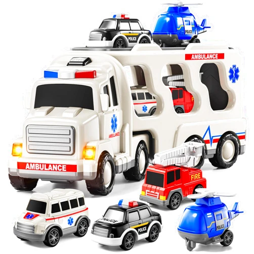 JUKUDAHU 5-in 1 Play Ambulance Toy Vehicle Toddler Truck Toys for 3 4 5 6 7 Year Old Boys - Friction Powered Cars with Light and Sound, Police Car, Fire Truck, Ambulance Car, Birthday Gifts for Kids