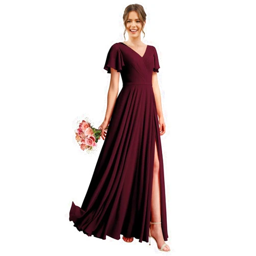 BEAUTFOR Womens V Neck Flutter Sleeve Ruched Chiffon Bridesmaid Dresses Long with Slit Formal Party Gowns with Pockets BF05