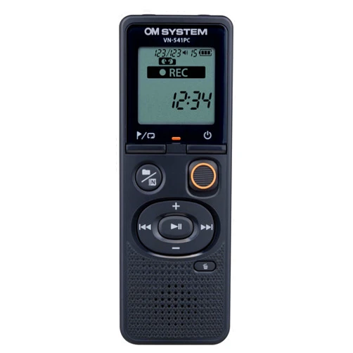 OM SYSTEM OLYMPUS VN-541PC digital voice recorder with one-touch recording, noise-cancellation function, 4GB memory, four scenes recording, includes a micro-USB cable.