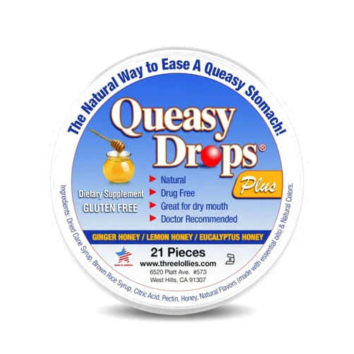 Three Lollies Queasy Drops Plus - Lozenges with Pectin & Honey to Soothe a Dry Mouth - Alleviate Nausea & Motion Sickness - Natural - 21 ct