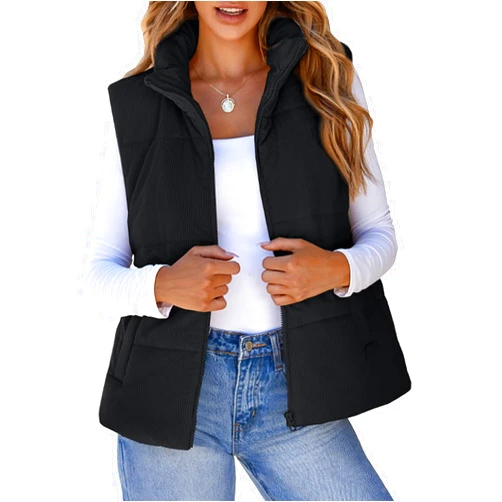 EVALESS Corduroy Cropped Puffer Vest for Women Lightweight Stand Collar Sleeveless Jackets Zip Up Clothes Fashion 2024