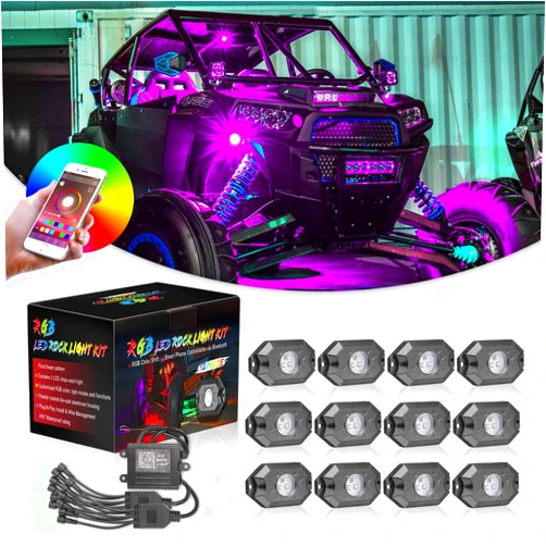 NIWAKER POWERSPORTS RGB Rock Lights Kits, Niwaker 12 Pods RGB LED Rock Lights with Bluetooth Control Multicolor Neon LED Lights Underglow Lights for Truck UTV ATV SUV Boat Off Road Golf Cart Marine
