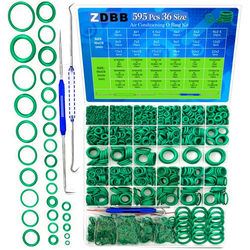 ZDBB 595 Pcs Automotive AC O Rings Kit, SAE and Metric Air Conditioning O Rings Assortment Set for Car A/C Compressor and Professional Plumbing Faucet Seal Repair with 4 Pick & Hook (Green)
