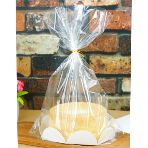Mistari Clear Plastic Bake Bags Cellophane Treat Bags for Toast Bread Cookie Candy Cake Bakery Gift Packaging, 8“ Cake Tray and Gold Ribbon (10 Pack)