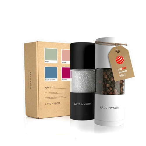 LARS NYSØM Salt and Pepper Grinder Set I Salt and Pepper Mills with Adjustable Ceramic Grinder 2 pieces I Manual Design Spice Grinder Set (Black/White)
