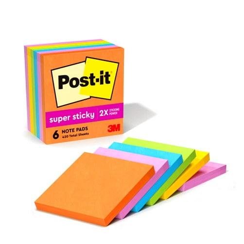 Post-it Super Sticky Notes, 3x3 in, 6 Pads, 2x the Sticking Power, Energy Boost Collection, Bright Colors (Orange, Pink, Blue, Green,Yellow),Recyclable (654-6SSAU)