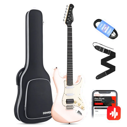 Donner 39 Inch Electric Guitar, Designer Series DST-200 Stylish Solid Body Electric Guitar for Beginner Intermediate & Pro Players, Single Coil Split System, Bonus Bag, Cable, Strap Blossom Pink
