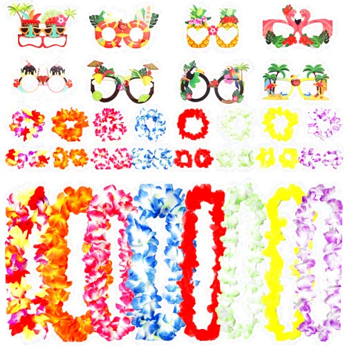 Decodinli 40 PCS Hawaiian Leis Party Decorations with 8 PCS Flower Headband, 8 PCS Neck Garland, 16 PCS Wristband and 8 PCS Paper Glasses for Hawaii Luau Party Favors, Hawaiian Leis Party Accessories