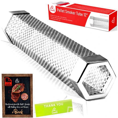 LIZZQ Premium Pellet Smoker Tube 12 inches - 5 Hours of Billowing Smoke - Hot or Cold Smoking - for Any Grill or Smoker - An Easy and Safe Way to Provide Smoking - Free eBook Grilling Ideas & Recipes