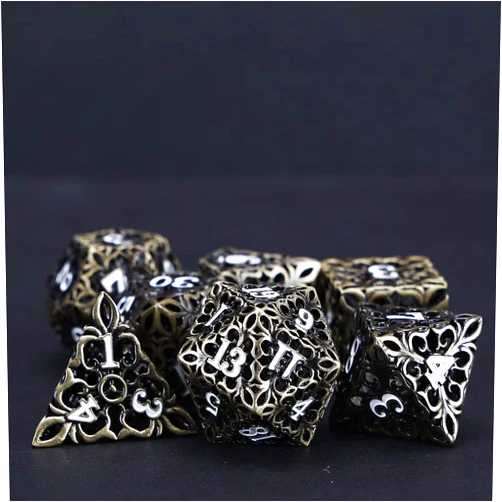 AiErBQ Metal Dice DND Dice Set D&D 7PCS dice Polyhedral Hollow Dungeons and Dragons Dice Large for MTG, RPGs Role Playing Game, Shadowrun and Math Teaching D20 D12 D10 D8 D6 D4 with Metallic Box (Bronze)