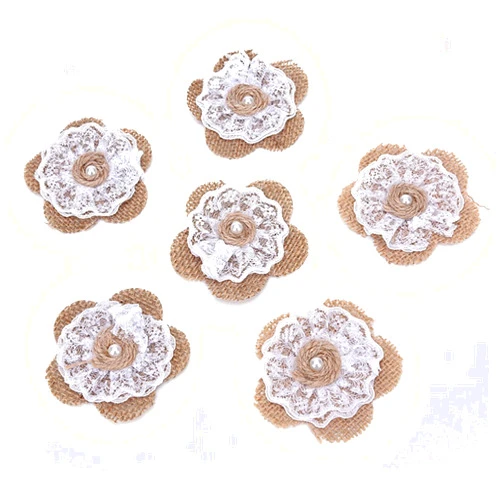 OZXCHIXU 12pcs Burlap Lace Flower with Pearl Natural Color Rustic Wedding Paty Decoration and Crafts DIY