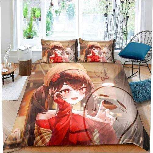 NEylim Anime Cartoon Movie 3D Printed Hu Tao Anime Girl Bedding Set Duvet Cover Quilt Cover Comforter Covers with Pillowcases 3 Pieces for Childrens And Adults Microfiber with Zipper Closure Twin Full（203x22