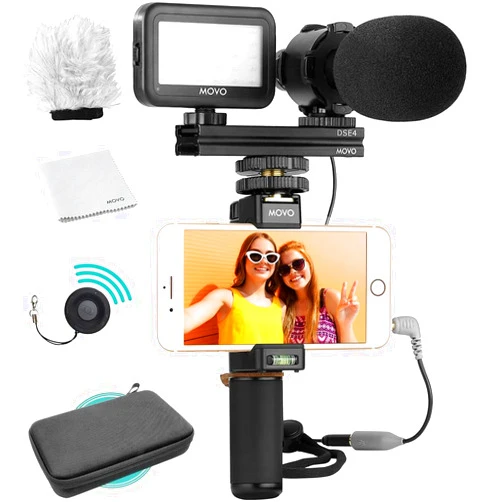 Movo Vlog Kit V7 - YouTube Starter Kit with Grip, Stereo Microphone, Light and Wireless Remote Vlogging Kit for iPhone for YouTube, TikTok, Vlogging Equipment for iPhone/Android - iPhone Vlogging Kit