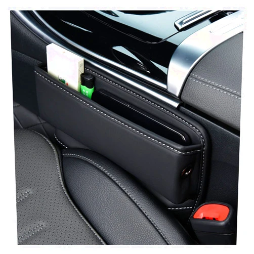 Ziciner Car Seat Gap Organizer, Premium Leather Auto Seat Storage Box, Vehicle Adjustable Front Seat Gap Filler, Car Seat Side Pocket Organizer for Phones, Glasses, Keys, Money, Cards (Black)