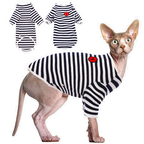 DENTRUN Hairless Cats Shirt Breathable Cat Daily Wear Clothes Stripe Vest Adorable Pajamas Jumpsuit Soft & Skin-Friendly