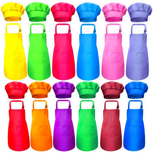 SATINIOR 12 Pieces Kids Apron and 12 Pieces Chef Hat, Child's Adjustable Aprons and Chef Hat Kitchen Bib Aprons with 2 Pockets for Boy Girls Kitchen Cooking Baking Wear(Multi-colors, L for 7-13 Age)