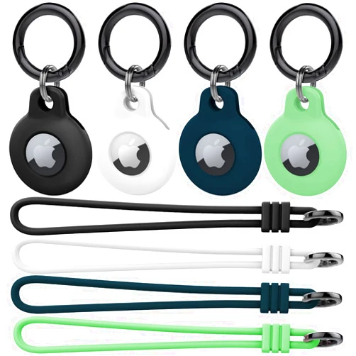 Kanya Compatible with AirTag Case Holder,4 Pack Silicone Soft Anti-Scratch Shockproof Protective Skin Cover Accessories with Keychain Carabiner for Apple AirTag (Black+White+Dark Green+Matcha Green)