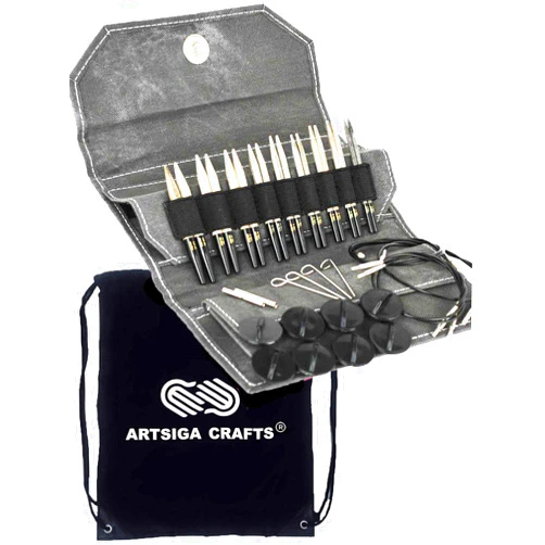 Lykke Driftwood 3.5-Inch (9cm) Interchangeable Circular Knitting Needle Set Birchwood US Sizes 3, 4, 5, 6, 7, 8, 9, 10, & 10.5 Includes Grey Denim Case with Project Bag