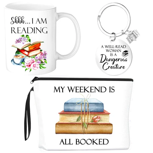 Inbagi 3 Pcs Book Lover Gifts for Women Reading Cosmetic Bag Coffee Mug 11 oz Keychain Funny Book Themed Gifts for Book Club Literary Lovers Teacher Librarian Friend Birthday Gifts