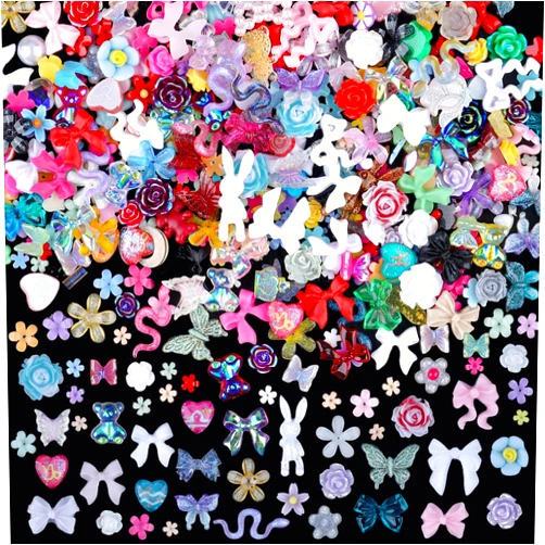 Sinyanail 300 Pieces 3D Mix Assorted Resin Nail Charms Hollow Pearl Heart Nail Art Charms Gems Gummy Bear Star Heart Flowers Acrylic Beads
