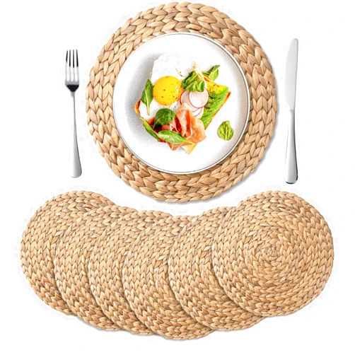 YANGQIHOME 6 Pack, Round Woven Placemats, Natural Water Hyacinth Place mats, Braided Straw Table Mats for Dining Table (11.8 inch)