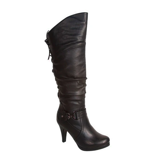 TOP Moda Womens Page-65 Knee High Round Toe Lace-Up Slouched High Heel Boots