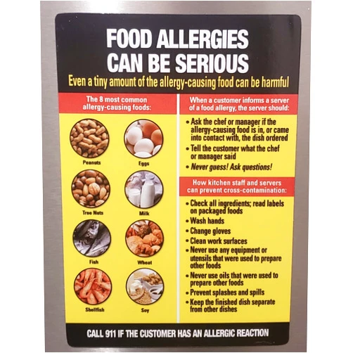 BUILDINGSIGNS.COM Restaurant Food Allergies sign - Restaurant food allergies poster (Refregirator Magnet, 7x10 Inch, light yellow)